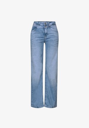 Light blue wide-leg jeans with a high waist, two-button closure, and five-pocket design. Fabric shows a slight faded texture.