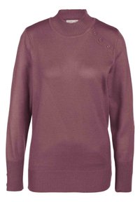 Pull violet avec un col montant côtelé, des manches longues, une coupe légèrement ample, et trois boutons décoratifs sur l'épaule. Texture tricotée douce.