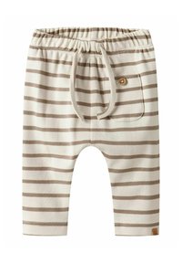 Lichtbeige katoenen kinderbroek met horizontale bruine strepen, een elastische tailleband, een trekkoord en een kleine zijzak met knoopdetail.