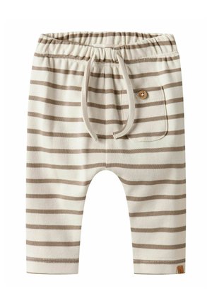 Lichtbeige katoenen kinderbroek met horizontale bruine strepen, een elastische tailleband, een trekkoord en een kleine zijzak met knoopdetail.