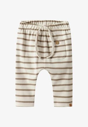 Jasnobeżowe bawełniane spodnie dla dzieci z poziomymi brązowymi paskami, elastycznym pasem, sznurkiem i małą boczną kieszenią z detalem guzika.