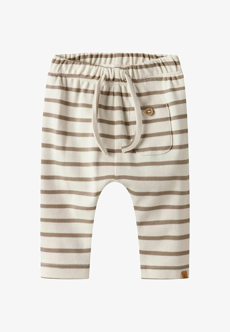 Lichtbeige katoenen kinderbroek met horizontale bruine strepen, een elastische tailleband, een trekkoord en een kleine zijzak met knoopdetail.