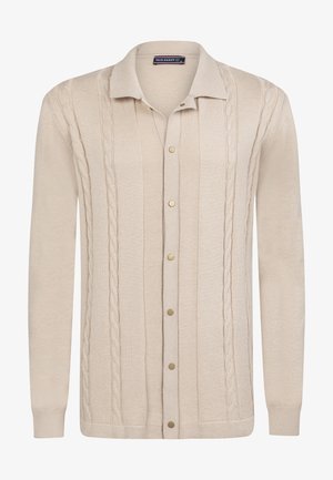 Beige Strickjacke aus gestricktem Stoff, mit einem Kabelmuster-Design, langen Ärmeln, einer Knopfverschluss-Front und einem klassischen Kragen.