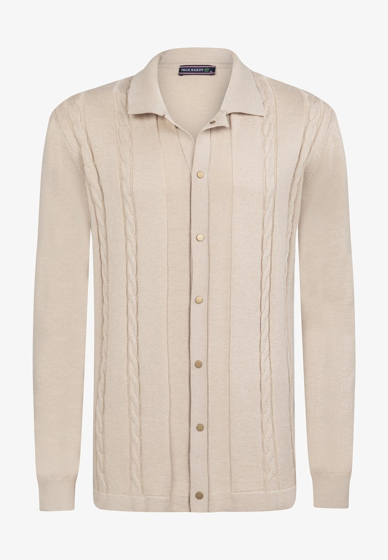 Beige Strickjacke aus gestricktem Stoff, mit einem Kabelmuster-Design, langen Ärmeln, einer Knopfverschluss-Front und einem klassischen Kragen.