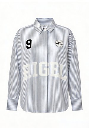 Chemise à manches longues à boutons avec des rayures verticales bleues et blanches, numéro 9 noir sur la poitrine gauche, texte "PIGEL" sur le devant, et logo ovale sur la poitrine droite.