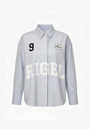 Chemise à manches longues à boutons avec des rayures verticales bleues et blanches, numéro 9 noir sur la poitrine gauche, texte "PIGEL" sur le devant, et logo ovale sur la poitrine droite.