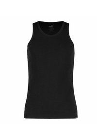 Black sleeveless tank top made of cotton, featuring a round neckline and a fitted design. Includes a small logo at the hem.