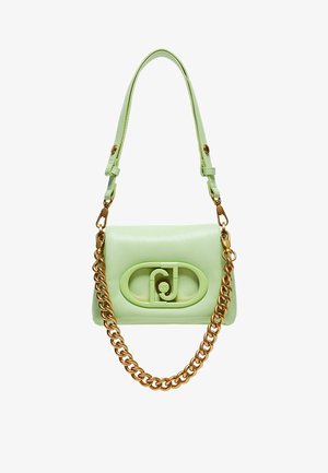 Borsa a mano in pelle verde con logo ovale, tracolla in catena dorata e superficie liscia. Caratterizzata da una forma strutturata e tracolla regolabile.