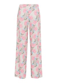 Weite Hosen aus leichtem Stoff mit einem mehrfarbigen Blumenmuster in Rosa-, Blau- und Beigetönen. Mit elastischem Bund.