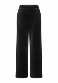 Pantalons en velours côtelé noir à jambes larges avec une surface texturée, dotés d'une taille élastique lisse et de rayures verticales subtiles sur toute la longueur.