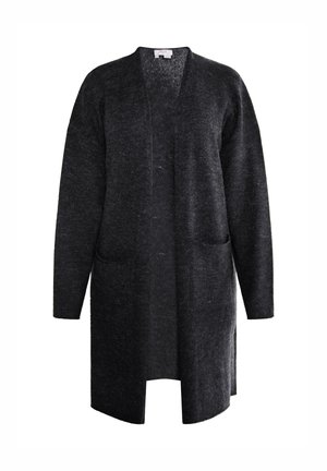 Tamsiai pilkas, iki kelių ilgio kardiganas, pagamintas iš minkštos mezginio medžiagos. Su V formos iškirpte, ilgomis rankovėmis ir dviem priekinėmis kišenėmis. Paprastas, atviras dizainas.