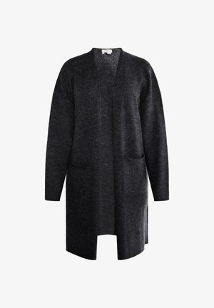 Tamsiai pilkas, iki kelių ilgio kardiganas, pagamintas iš minkštos mezginio medžiagos. Su V formos iškirpte, ilgomis rankovėmis ir dviem priekinėmis kišenėmis. Paprastas, atviras dizainas.