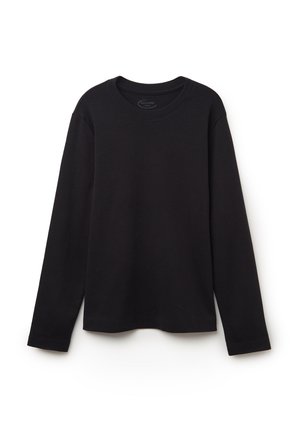 Svart långärmad t-shirt med rund halsringning, tillverkad av mjuk bomull. Har en avslappnad passform och rak fåll utan synliga mönster eller tillbehör.