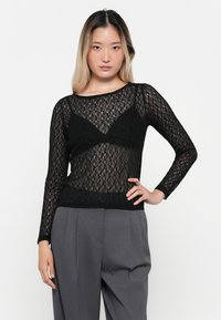 Schwarzes Spitzenoberteil mit langen Ärmeln und weiter Ausschnitt, featuring ein strukturiertes Muster und transparente Gestaltung, schichtweise über einem schwarzen dreieckigen Bralette.