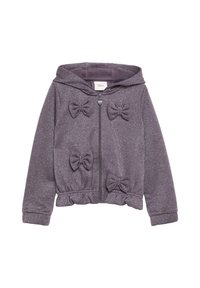 Violette Zip-Up-Hoodie aus glitzerndem Material, mit drei Schleifenakzenten und einem Rüschensaum in der Taille. Mit Kapuze.