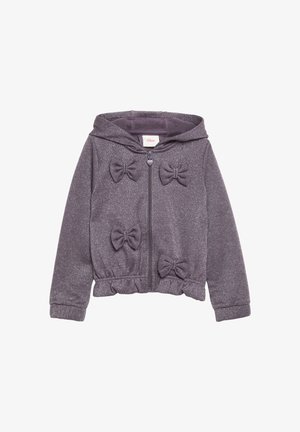 Violette Zip-Up-Hoodie aus glitzerndem Material, mit drei Schleifenakzenten und einem Rüschensaum in der Taille. Mit Kapuze.