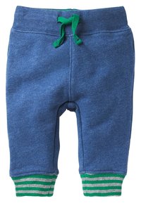 Blå bomullssweatpants med en grön dragsko, med randiga gröna och grå mudd. Mjuk textur med en elastisk midja.