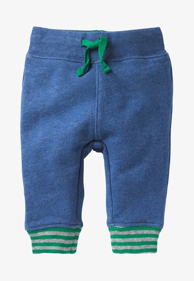 Blå bomullssweatpants med en grön dragsko, med randiga gröna och grå mudd. Mjuk textur med en elastisk midja.