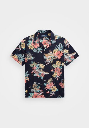 Korte mouwen overhemd in marineblauw met een kleurrijk bloemen- en zee patroon, gemaakt van lichtgewicht stof met een knoopsluiting aan de voorkant.