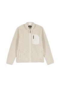 Veste polaire beige à fermeture éclair intégrale, avec une poche poitrine zippée et deux poches latérales, dotée d'un col montant et d'un tissu texturé.
