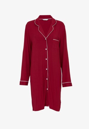 Red pajama shirt with long sleeves, white piping along the collar and pocket, button-down front, made of soft material. Pocket on the left.