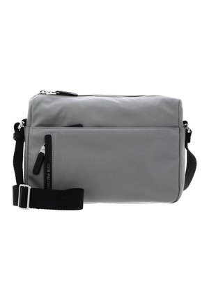 Sac bandoulière rectangulaire gris avec poche zippée à l'avant et sangle noire réglable sur fond blanc.