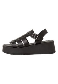 Black leather sandals with a woven strap design, adjustable buckle, and a chunky platform sole for added height and stability.