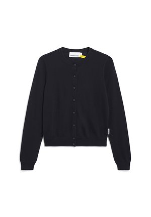 Navy Cardigan aus weichem Stoff mit Rundhalsausschnitt, langen Ärmeln und Knopfverschluss vorne. Minimalistisches Design.