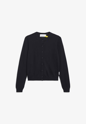 Navy Cardigan aus weichem Stoff mit Rundhalsausschnitt, langen Ärmeln und Knopfverschluss vorne. Minimalistisches Design.