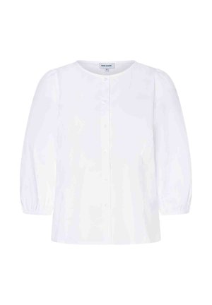 Weiße Bluse mit langen Ärmeln, rundem Ausschnitt, Knopfleiste vorne und elastischen Bündchen an den Ärmeln.