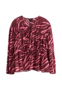 Vaaleanpunainen ja burgundinvärinen pusero, jossa on solmittava etuosa, löysä istuvuus ja seepraraidallinen kuvio. Pitkät hihat ja V-aukko tuovat lisää yksityiskohtia.