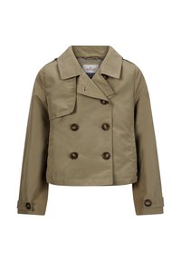Khaki kurtka dwurzedowa z dużymi guzikami, szerokim kołnierzem i skróconym krojem. Wykonana z gładkiego, lekkiego materiału z bocznymi kieszeniami.