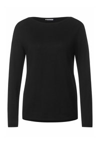 Svart långärmad stickad topp med rund halsringning och ribbade muddar. Slät textur, figurnära passform och en enkel design utan ytterligare detaljer.