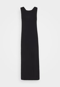 Černé maxi šaty bez rukávů se čtvercovým dekoltem, vyrobené z měkkého materiálu, s rovnými liniemi a dlouhým lemem. Minimalistický design.