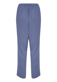 Ljusblå, löst sittande byxor tillverkade av ett mjukt tyg, med resårmidja och raka ben.