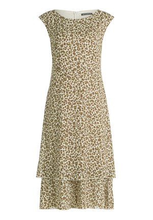 Ärmelloses knielanges Kleid mit geschichtetem Saum, beige-braunem Leopardenmuster und rundem Ausschnitt mit Rückenreißverschluss.