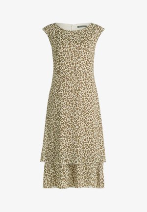 Ärmelloses knielanges Kleid mit geschichtetem Saum, beige-braunem Leopardenmuster und rundem Ausschnitt mit Rückenreißverschluss.