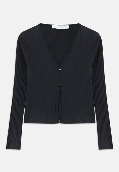 Black ribbed knit cardigan with a V-neck, long sleeves, and a button closure at the front, featuring a soft and textured fabric finish.