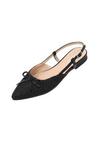 Chaussure noire à talon ouvert avec un dessus tissé, bout pointu, petit nœud décoratif et semelle plate avec fermeture à boucle sur la sangle au talon.