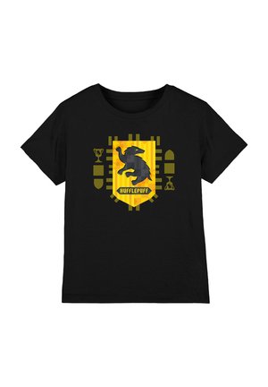 Black short-sleeve t-shirt with a yellow Hufflepuff crest featuring a black badger and small trophy and shield icons in the background.