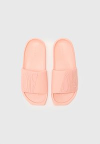 Pink slide sandals with a wide strap featuring embossed text. Made of smooth, durable material with a flat sole and rounded edges.