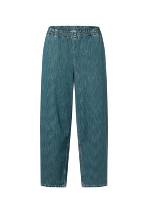 Blaue Jeans-Culottes mit elastischem Bund, verkürzter Länge und geradem Bein-Design. Dezente Struktur mit einem verwaschenen Finish.
