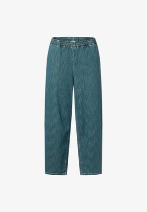 Blaue Jeans-Culottes mit elastischem Bund, verkürzter Länge und geradem Bein-Design. Dezente Struktur mit einem verwaschenen Finish.