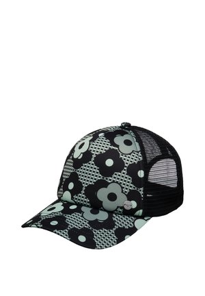 Floral-patterned cap with a black mesh back, soft fabric front featuring mint green and black flowers, curved brim, and adjustable closure.