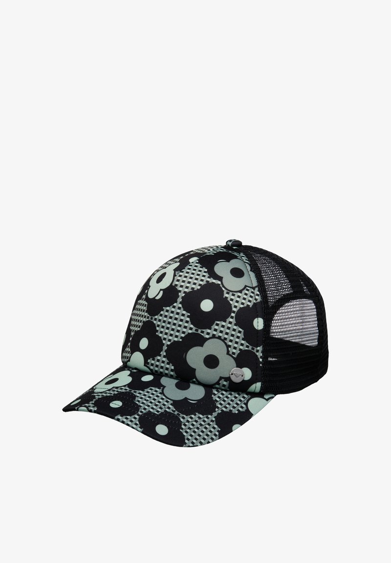 Kappe mit Blumenmuster, schwarzem Mesh-Rücken, weichem Stoffvorderteil mit mintgrünen und schwarzen Blumen, gebogenem Schirm und verstellbarem Verschluss.