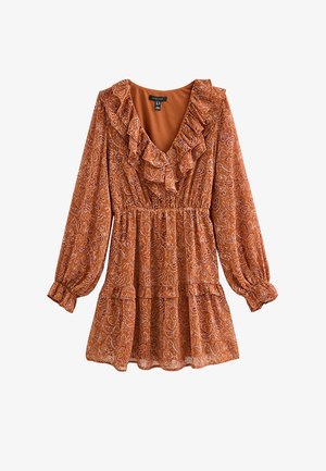 Abito arancione con volant e maniche lunghe, caratterizzato da un motivo floreale, scollatura a V, vita elasticizzata e una gonna a balze a strati.