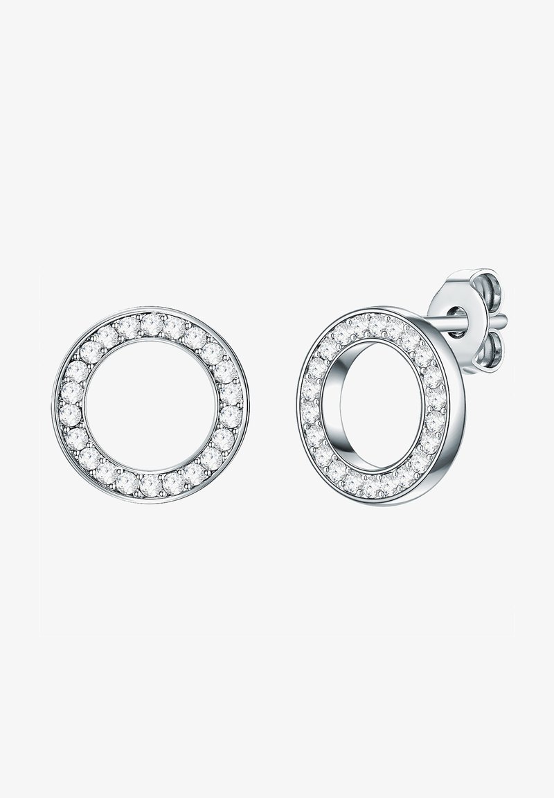 Sidabriniai apvalūs auskarai su permatomu kristalu aplink išorinį kraštą. Dizainas turi poliruotą, lygų paviršių.