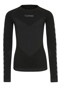 Czarna koszulka sportowa z długim rękawem, z teksturowanym wzorem w zygzaki, logo Hummel i kontrastowymi paskami na rękawach.