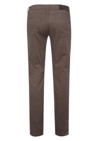 Brown trousers with a smooth texture, featuring a slim fit, belt loops, and double back pockets. Decorative stitching on seams.