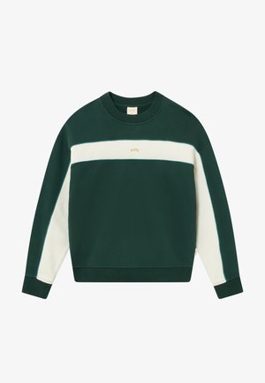 Πράσινη και κρέμα μπλούζα με στρογγυλή λαιμόκοψη, αντίθετες ρίγες, ribbed μανσέτες και ένα μικρό λογότυπο στο στήθος. Μαλακό βαμβακερό υλικό.